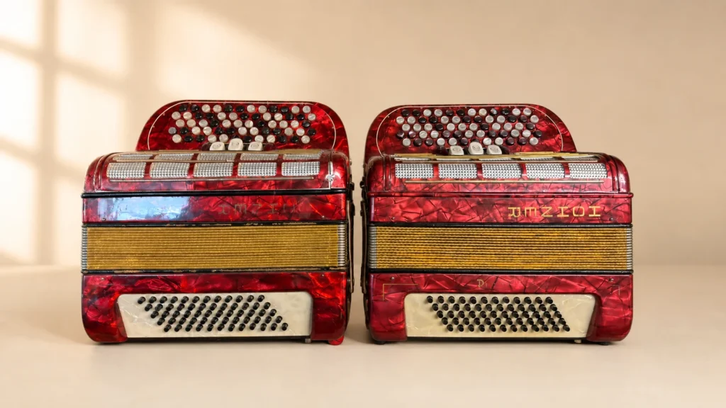 Zwei gebrauchte Hohner Piccolo Knopfakkordeons mit C-Griff, 60 Bass und zweichörigem Diskant