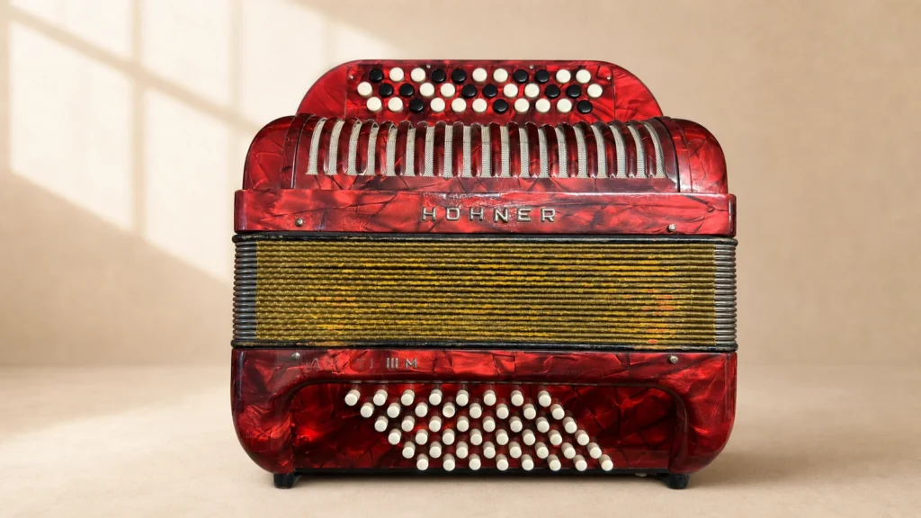 Gebrauchtes rotes Hohner Amati Knopfakkordeon mit drei Reihen, C-Griff und 48 Bass