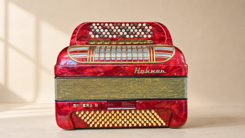 Gebrauchtes rotes Hohner Rivera III Knopfakkordeon mit C-Griff und 96 Bass