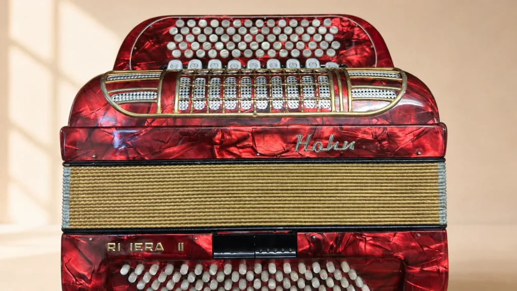 Gebrauchtes rotes Hohner Rivera III Knopfakkordeon neueres Modell mit C-Griff und 96 Bass